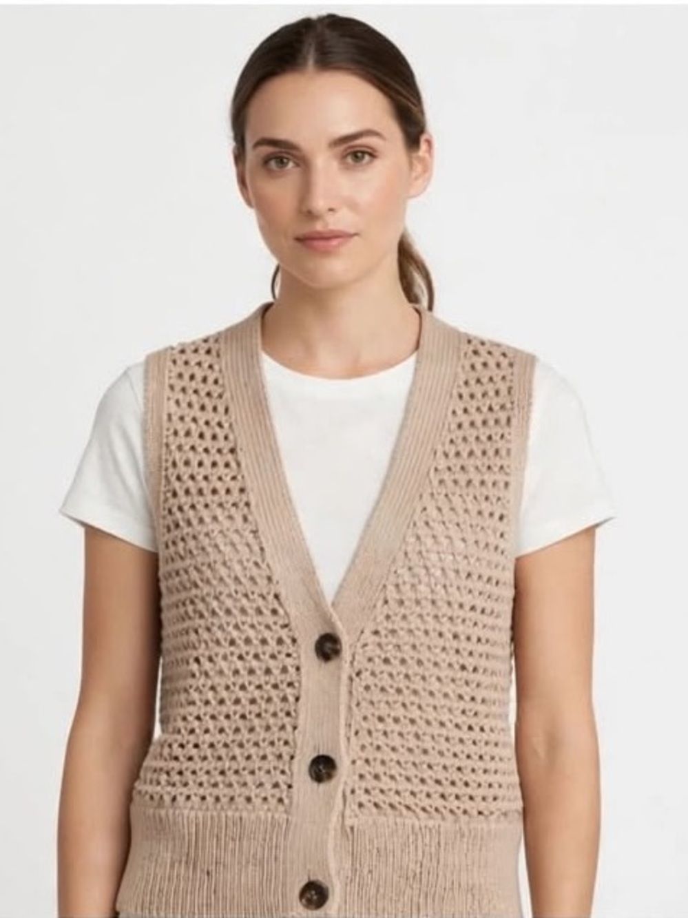 Open-Knit Button-Front Sweater Vest in Light Beige
